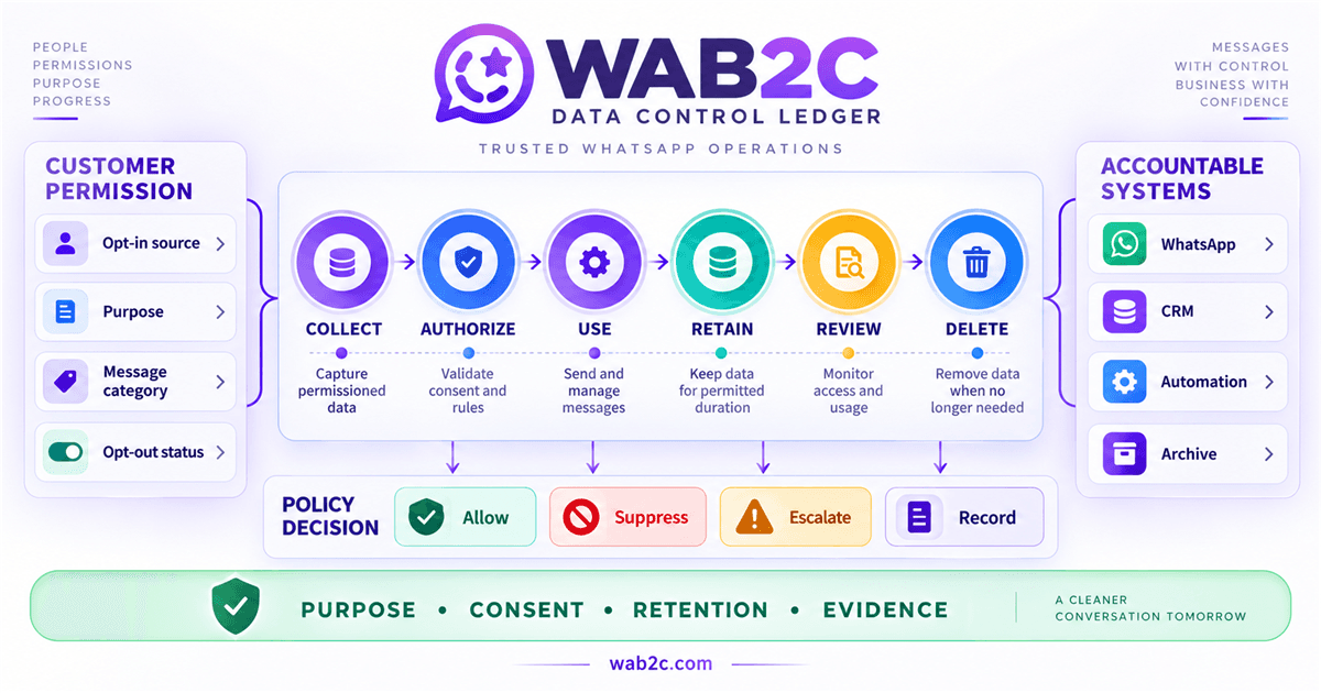 WAB2C enterprise data-control lifecycle connecting permission, purpose, use, retention, review and deletion