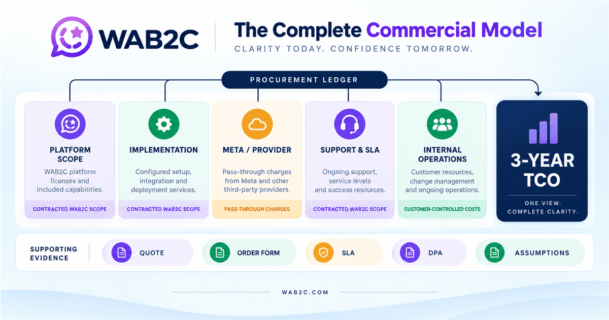 WAB2C enterprise procurement ledger showing platform, implementation, provider, support and internal operating costs