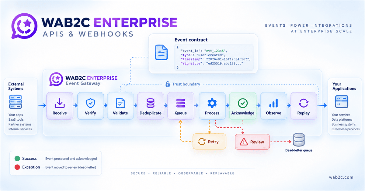 WAB2C APIs and Webhooks event lifecycle from receive and verification through deduplication, processing, acknowledgement, observation and replay