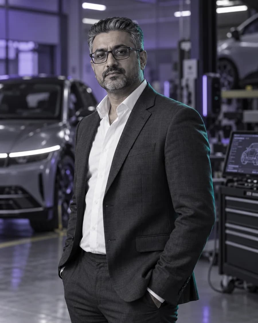 Representative Pakistani automotive service operations director, age 45, in a modern vehicle service bay