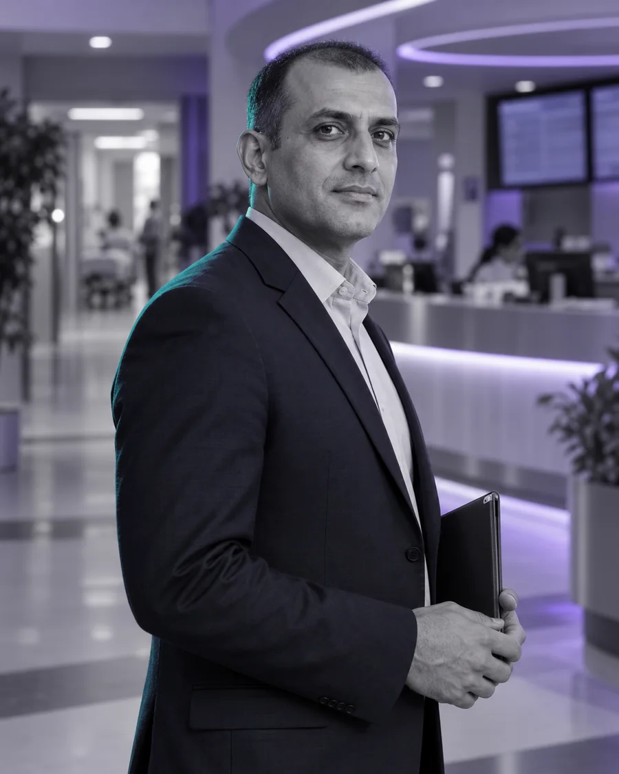Representative Pakistani patient-services administrator, age 42, in a hospital coordination area