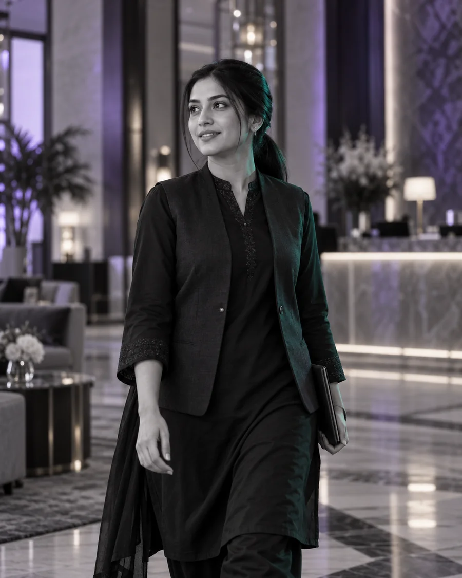 Representative Pakistani hotel guest-experience manager, age 29, walking through a modern lobby