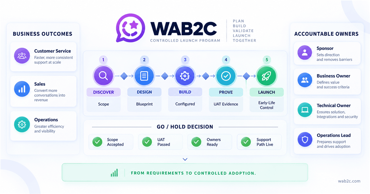 WAB2C controlled enterprise launch program from discovery through design, build, proof and early-life adoption