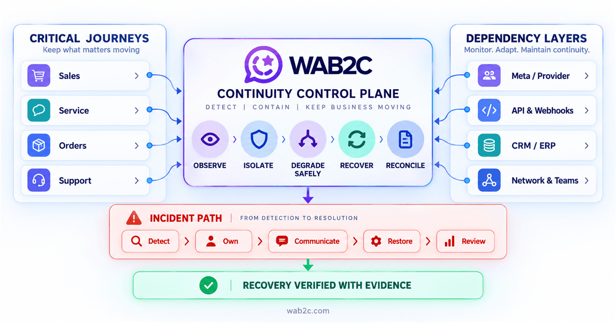 WAB2C enterprise continuity control plane connecting critical journeys to dependency isolation, safe degradation, recovery and reconciliation